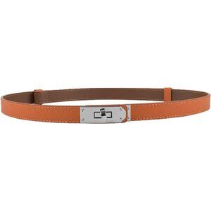 Women's Skinny Leather Belt With Adjustable Turn-Lock Buckle Ideal Orange Silver